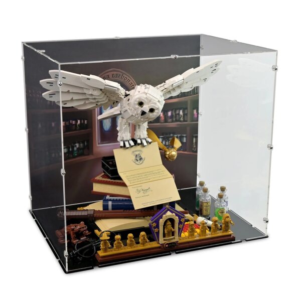 Pr&eacute;sentoir en acrylique pour LEGO&reg; 76391 Harry Potter - Ic&ocirc;nes de Poudlard, &Eacute;dition Collector (avec image darri&egrave;re-plan et base noire)