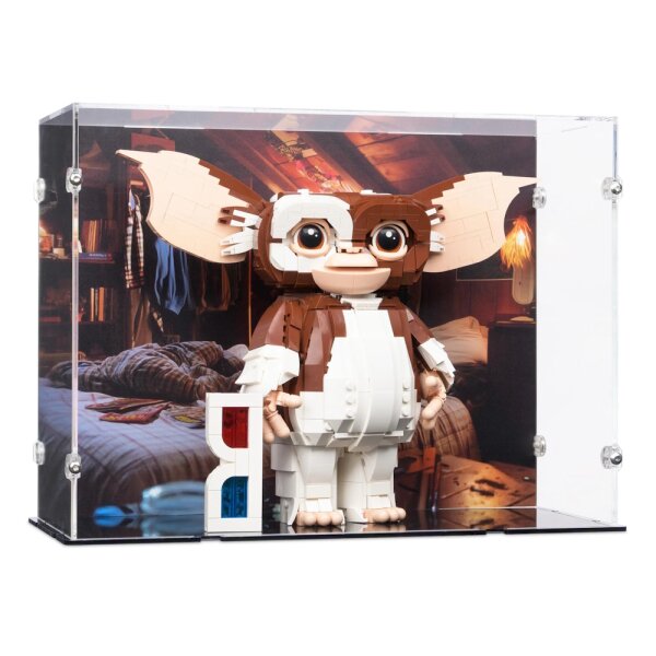 Display acrilico per LEGO&reg; 21361 Gremlins Gizmo (con immagine di sfondo e base nera)
