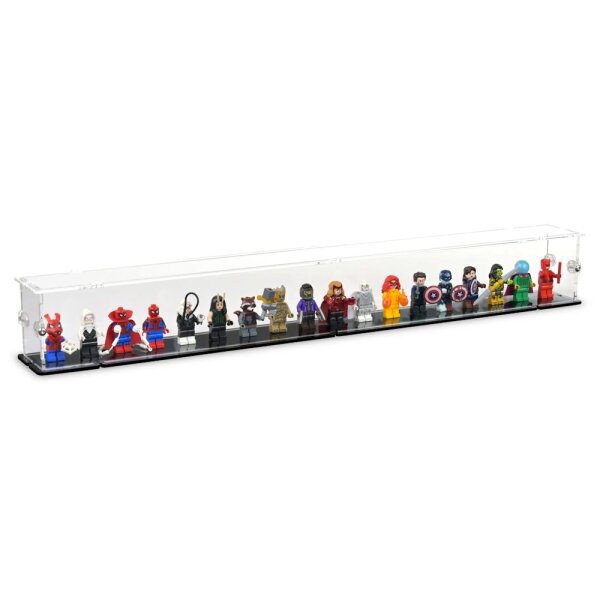 Displayin acrilico per 18 minifigure LEGO&reg; (con base nera e borchie)