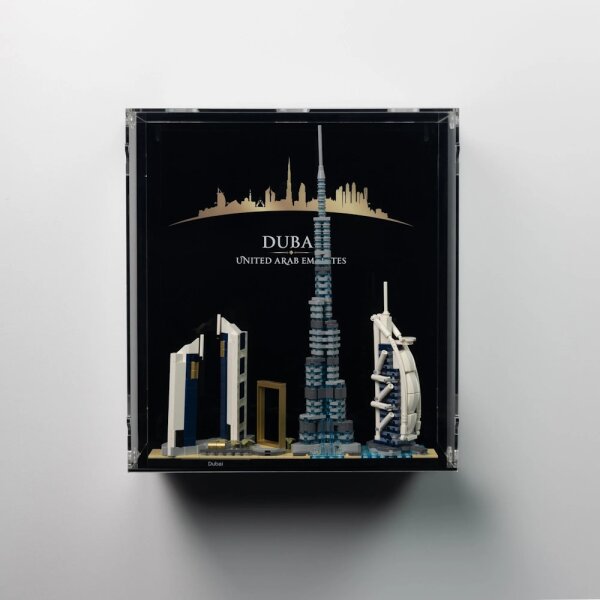 Display in acrilico perLEGO&reg; 21052 Dubai (con immagine di sfondo e base nera)