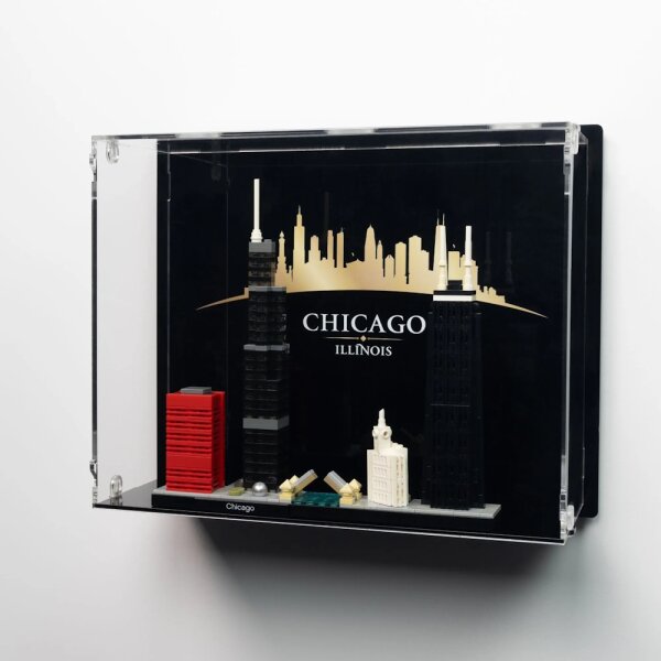 Pr&eacute;sentoir mural en acrylique pour LEGO&reg; 21033 Chicago (avec image darri&egrave;re-plan et base noire)