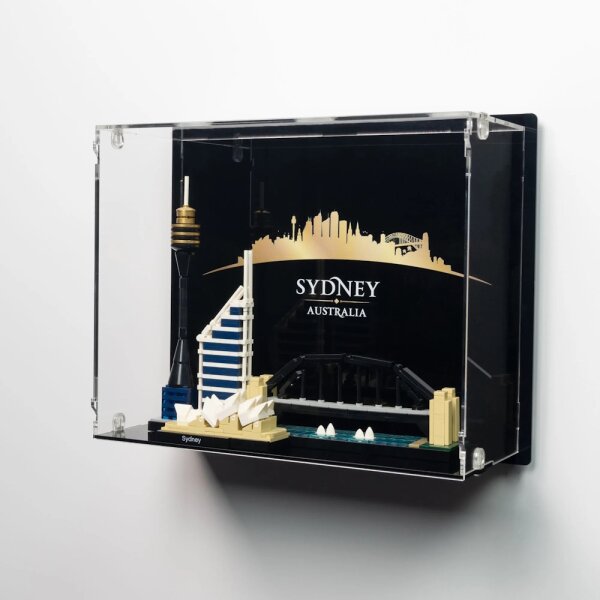 Display in acrilico perLEGO&reg; 21032 Sydney (con immagine di sfondo e base nera)