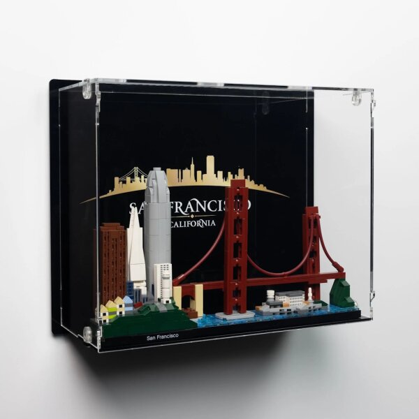 Pr&eacute;sentoir mural en acrylique pour LEGO&reg; 21043 San Francisco (avec image darri&egrave;re-plan et base noire)