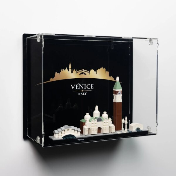 Pr&eacute;sentoir mural en acrylique pour LEGO&reg; 21026 Venise (avec image darri&egrave;re-plan et base noire)