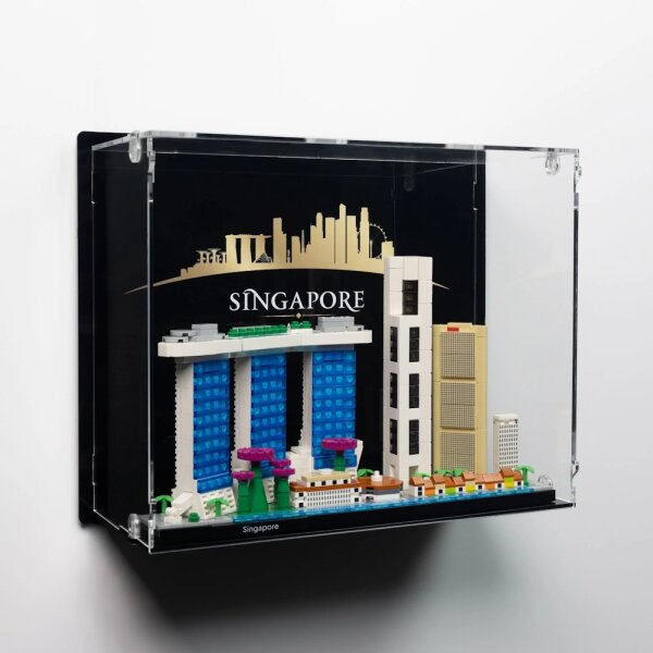 Pr&eacute;sentoir mural en acrylique pour LEGO&reg; 21057 Sinagapore (avec image darri&egrave;re-plan et base noire)