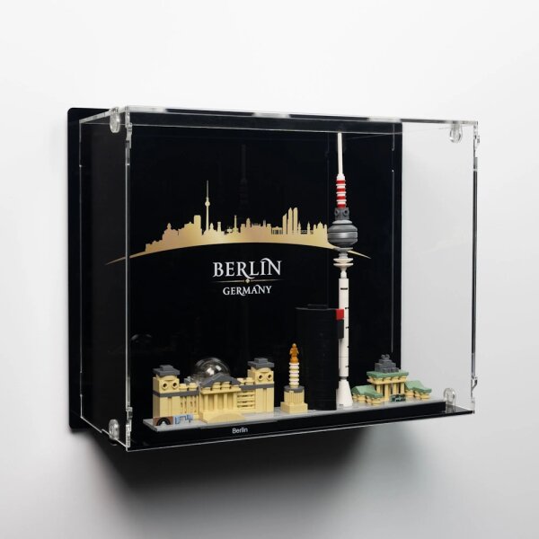 Pr&eacute;sentoir mural en acrylique pour LEGO&reg; 21027 Berlin (avec image darri&egrave;re-plan et base noire)