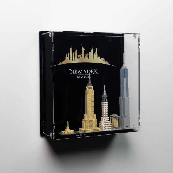 Pr&eacute;sentoir mural en acrylique pour LEGO&reg; 21028 New York (avec image darri&egrave;re-plan et base noire)