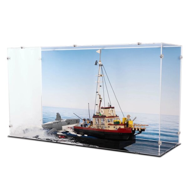 Acrylic display for LEGO&reg; 21350 Jaws (With background image & black base)