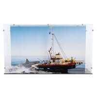 Acrylic display for LEGO&reg; 21350 Jaws (With background image & black base)