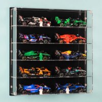 Espositore da parete in acrilico per 10 modelli LEGO&reg; della serie Speed ​​​​Champions F1 (con sfondo nero)