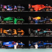 Espositore da parete in acrilico per 10 modelli LEGO&reg; della serie Speed ​​​​Champions F1 (con sfondo nero)