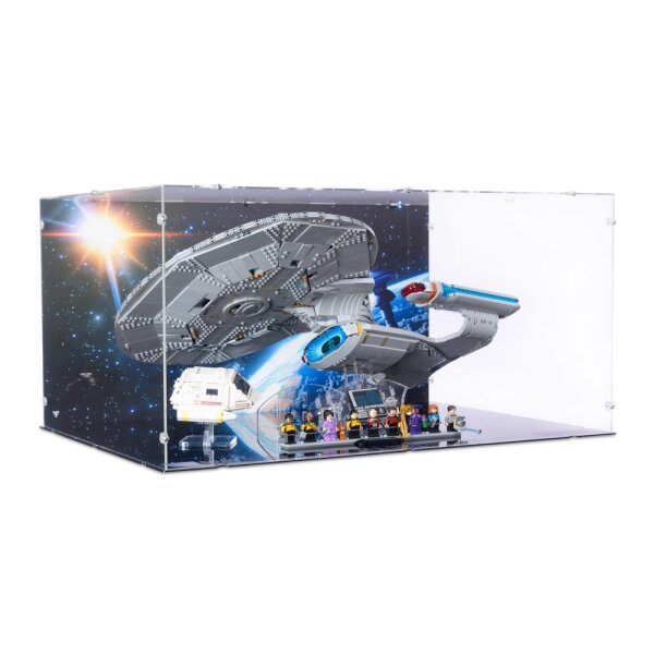 Acrylic display for LEGO&reg; 10356 Star Trek: U.S.S. Enterprise NCC-1701-D ((With background image, black base inc. 2 stands)