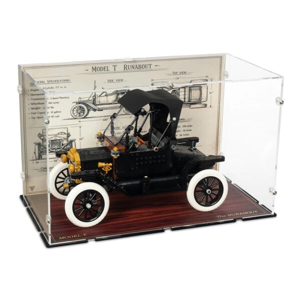 Vitrine en acrylique pour LEGO&reg; 11376 Ford Mod&egrave;le T (avec image de fond technique et socle imitation bois)