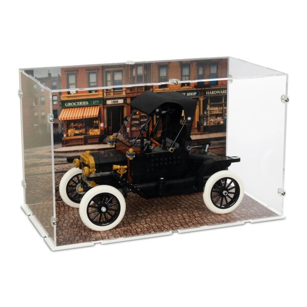 Acrylic Display Case for LEGO&reg; 11376 Ford Model T (with Retro Street Scene Background Image & Cobblestone Base Design)