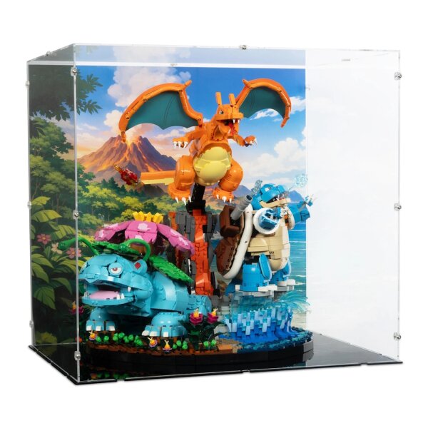 Display acrilico per LEGO&reg; 72153 Pok&eacute;mon Venusaur, Charizard e Blastoise  (con immagine di sfondo e base nera)