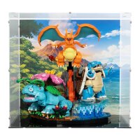 Display acrilico per LEGO&reg; 72153 Pok&eacute;mon Venusaur, Charizard e Blastoise  (con immagine di sfondo e base nera)