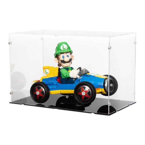 Pr&eacute;sentoir en acrylique pour LEGO&reg; 72050 Mario Kart Luigi et Proto 8 (avec fond noir)