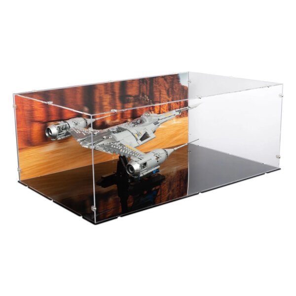 Acrylic display for LEGO&reg; 75442 Star Wars - Mandalorians N-1 Starfighter (With background image & black base)