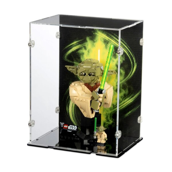 Pr&eacute;sentoir en acrylique pour LEGO&reg; 75438 Star Wars - Le buste de Yoda (avec image darri&egrave;re-plan et base noire)