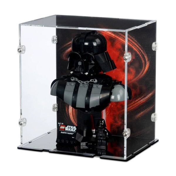 Display in acrilico per LEGO&reg; 75439 Star Wars - Busto di Darth Vader  (con immagine di sfondo e base nera)