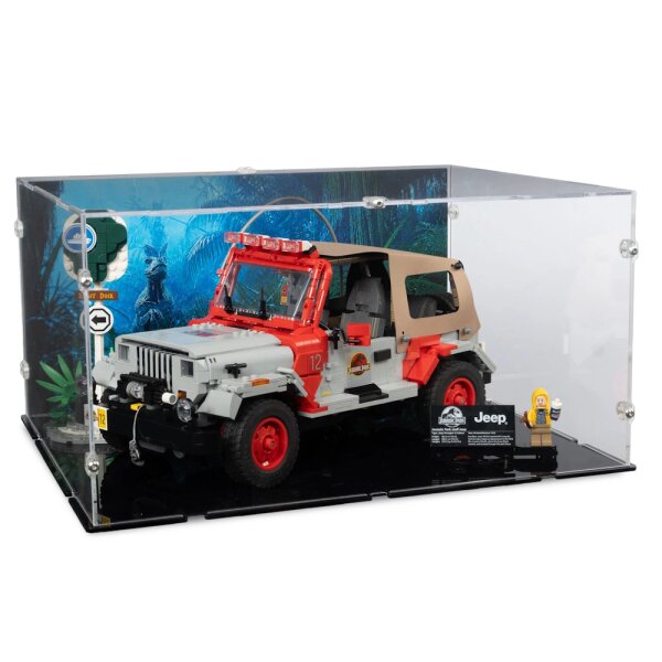 Acryl-Display f&uuml;r LEGO&reg; 77984 Jurassic Park Jeep Wrangler  (Mit Hintergrundbild & schwarzem Boden)
