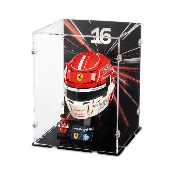 Acryl-Display f&uuml;r LEGO&reg; 43014 Scuderia Ferrari HP Charles Leclerc Helm (Mit Hintergrundbild & schwarzem Boden)