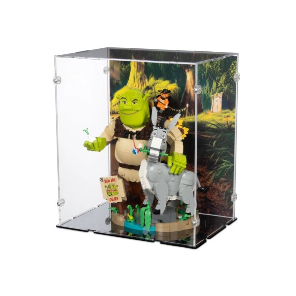 Display in acrilico per LEGO&reg; 72423 Shrek, Ciuchino e Gatto con gli Stivali (con immagine di sfondo e base nera)