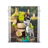 Display in acrilico per LEGO&reg; 72423 Shrek, Ciuchino e Gatto con gli Stivali (con immagine di sfondo e base nera)