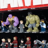 Acrylic wall display for 128 LEGO&reg; Marvel minifigures and Marvel logo 76313 (with black background)
