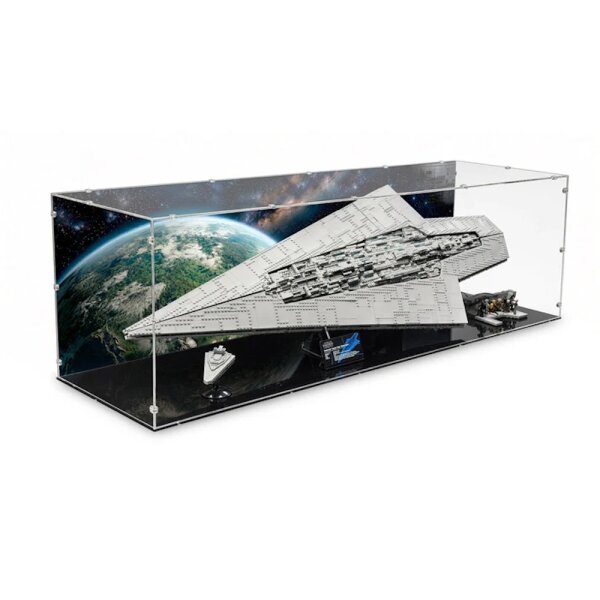 Pr&eacute;sentoir et support XL en acryliquepour LEGO&reg; 75457 Star Wars - Le Super Destroyer Stellaire de classe Executor (inclin&eacute; &ndash; avec image de fond et sol noir)